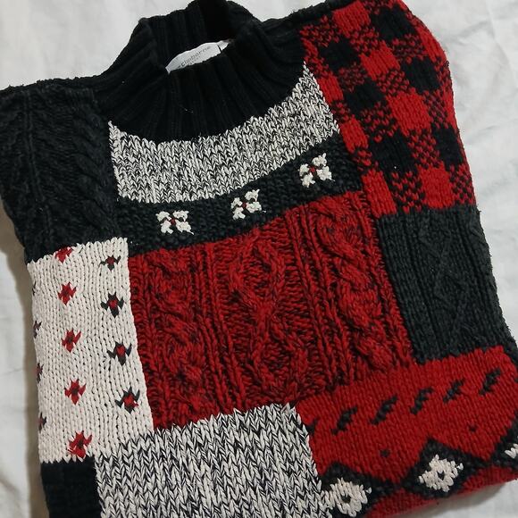 VTG Liz Claiborne Large Mock Neck Cotton Blend Red/Black/White Block Sweater - Picture 7 of 13